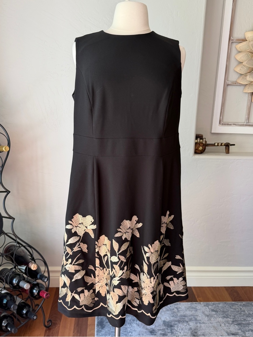 Calvin Klein Women's Black Sheath Midi Dress with Metallic Floral Embroidery 18
